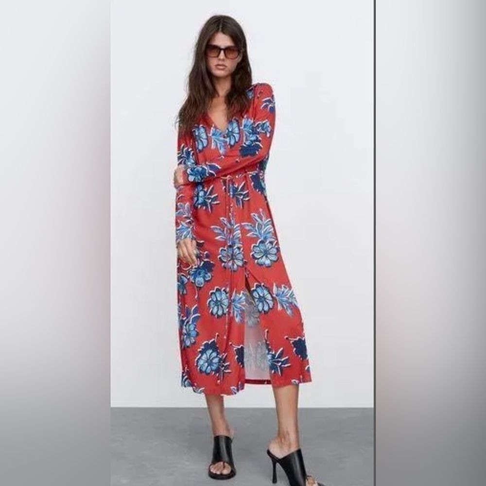 Orange‎ & Blue Floral Long Sleeve Dress V Neck Button Front Casual Summer E24